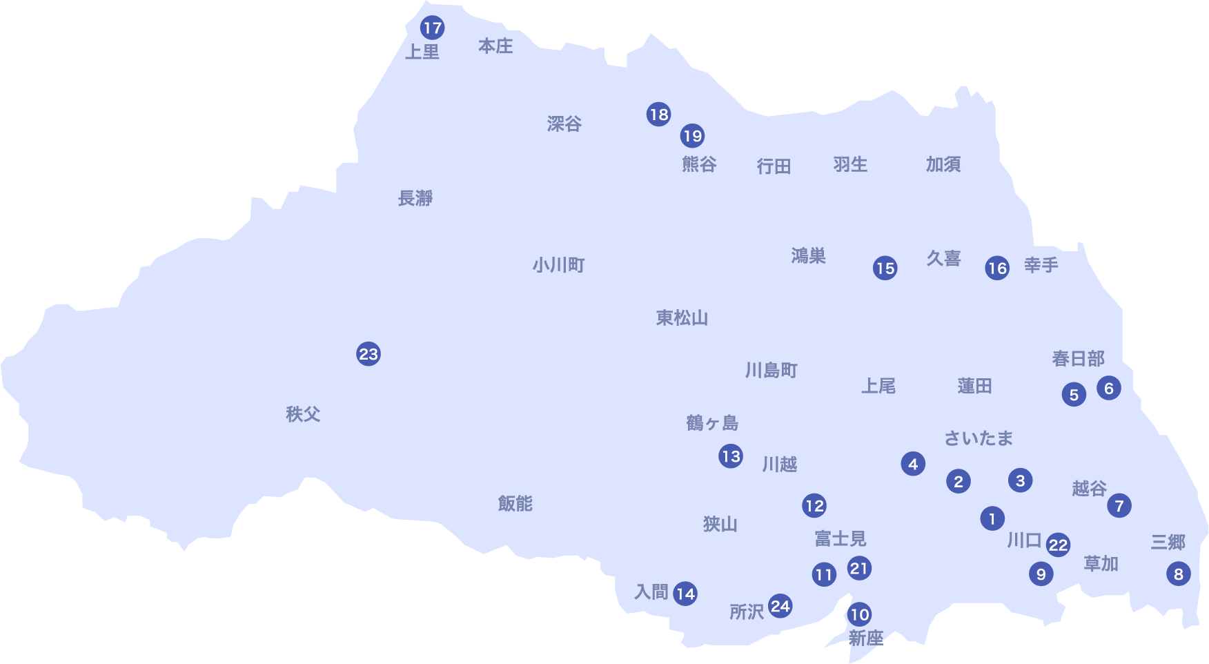 埼玉県内の映画館の位置マップ。県内各エリアにある劇場の所在地を示した地図
