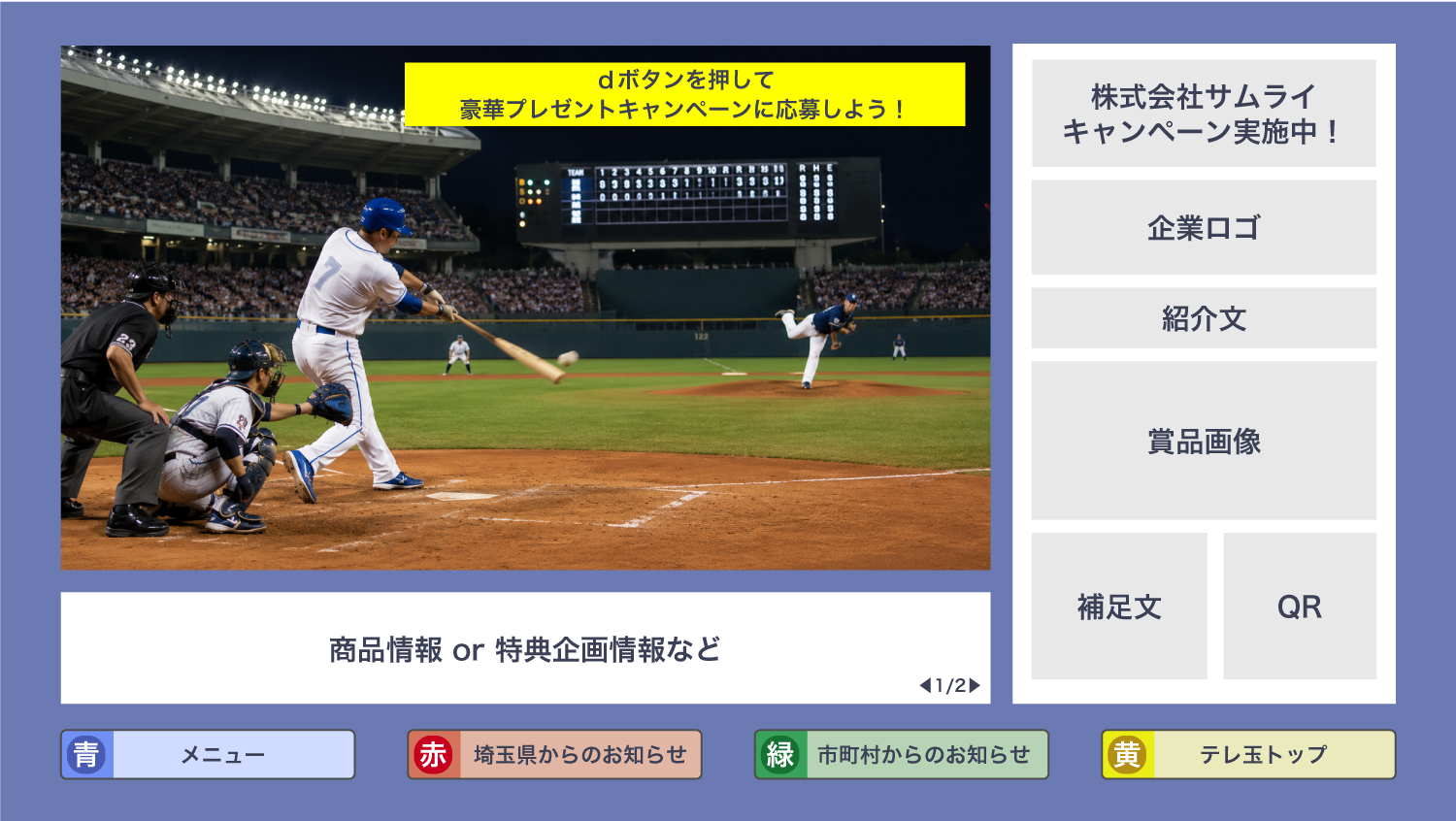 テレビのdボタンキャンペーン画面構成。放送映像と連動し、企業情報・賞品画像・QRコードから応募できるインタラクティブ広告のレイアウト