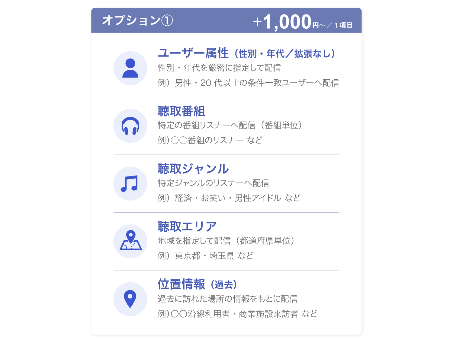 オプション①　+1,000円/１項目でターゲティングをより細かく設定できます。