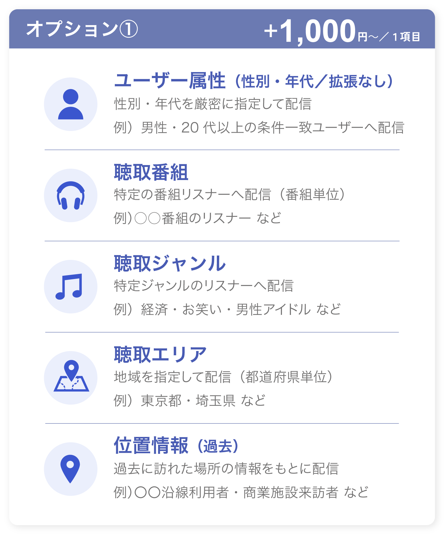 オプション①　+1,000円/１項目でターゲティングをより細かく設定できます。