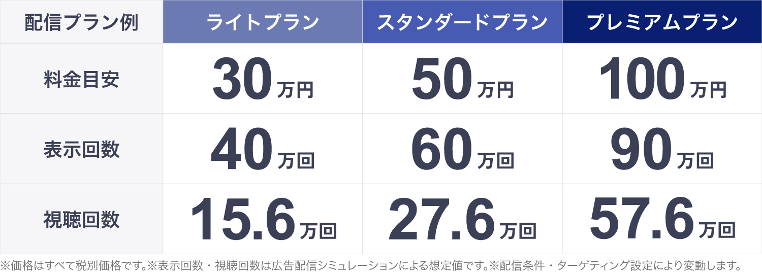 TikTok広告の配信プラン例。30万円で40万回表示・15.6万回視聴、50万円で60万回表示・27.6万回視聴、100万円で90万回表示・57.6万回視聴を想定。
