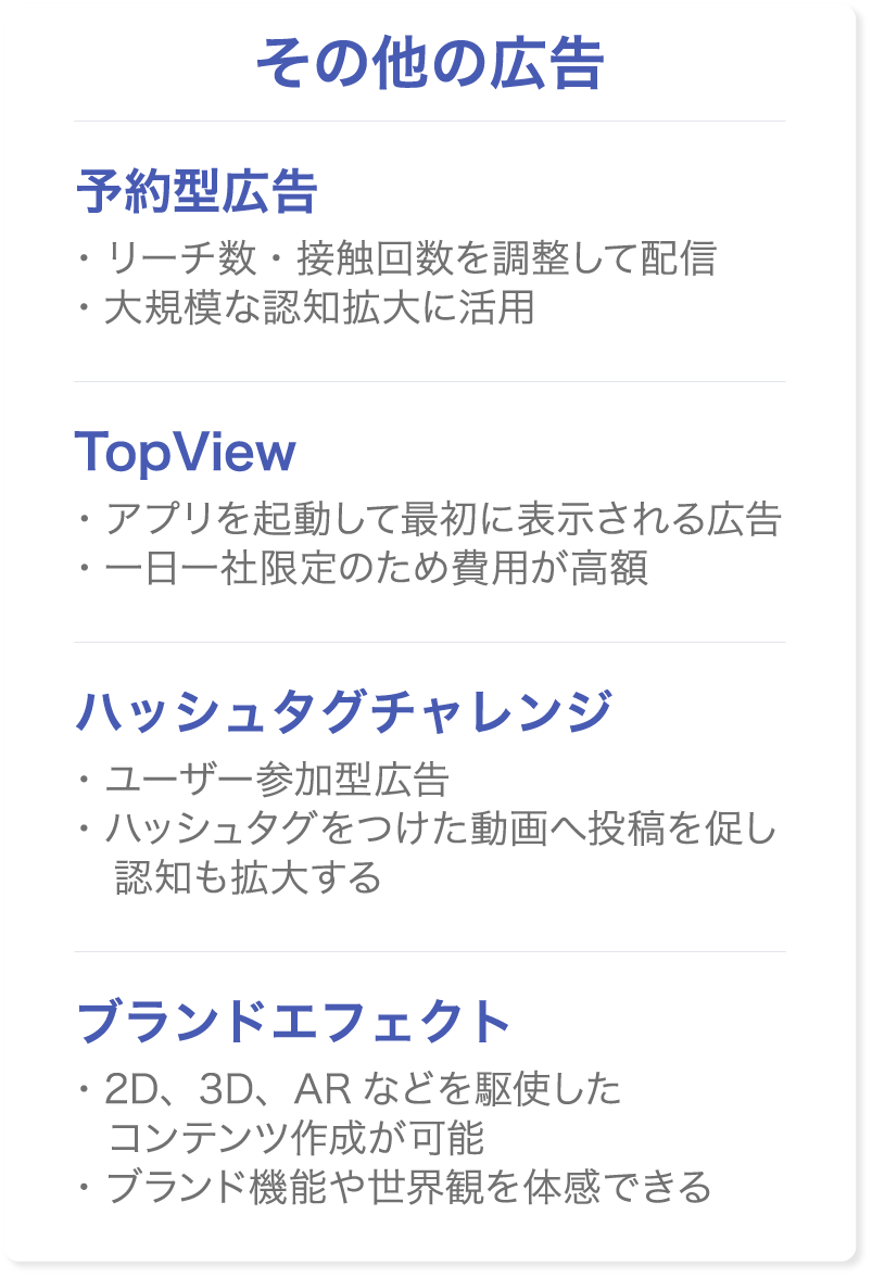 TikTokのその他の広告メニュー。予約型広告、Top View、ハッシュタグチャレンジ、ブランドエフェクトを紹介。